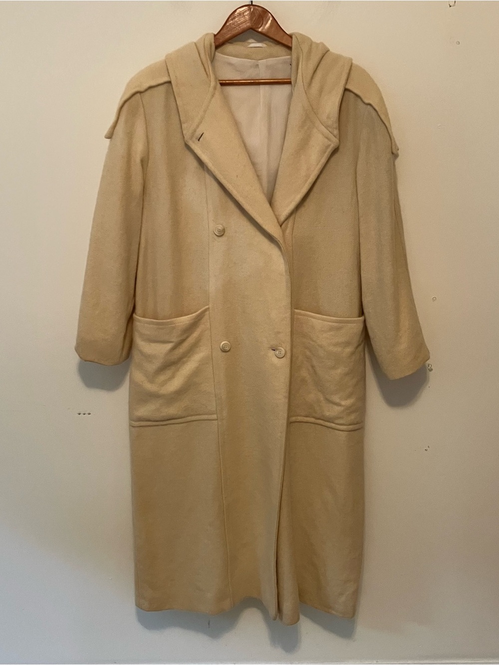 VTG Hilda Ltd Womens Wool Icelandic Long Duffle Coat XL Ivory Cream Hooded Lined